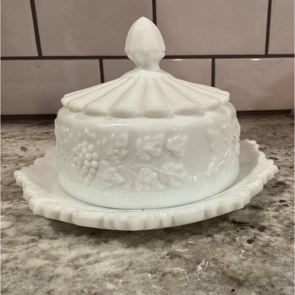 Westmoreland Milk Glass Round Butter Dish Paneled Grape Pattern Vintage White